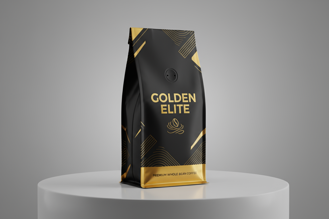Create a realistic product mockup of a coffee bean pouch for a premium coffee brand called Golden Elite.
The pouch should have a matte black background with metallic gold logo and accents, giving a modern minimalist and luxurious look.
Place the Golden Elite logo prominently in the center — bold, refined, sans-serif typography.
Include subtle coffee-related design elements like a minimal coffee bean icon or elegant linework, but keep the layout clean and sophisticated.
Style: high-end specialty coffee packa